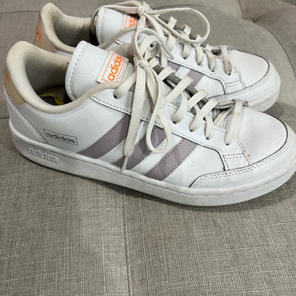 Adidas White and Light Gray Sneakers with neon iridescent Orange Logo
